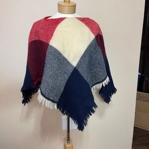 CHURCHILL HANDWOVEN Plaid Poncho Cape Fringe Red Navy Cream Women